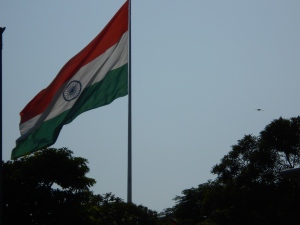 The national flag flies at Connaught Place, Delhi. 